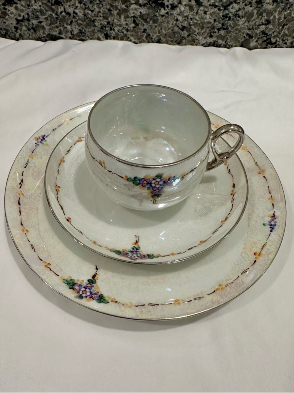 Antique Hermann Ohme Germany Porcelain Teacup, Saucer & Dessert Plate Trio